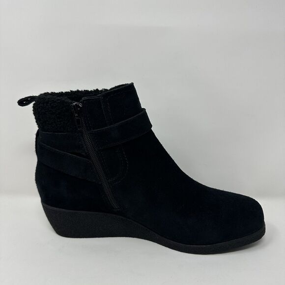 Lands End Womens Black Suede Booties 10W Fleece Lined Ankle Boots Side Buckle - Picture 10 of 13